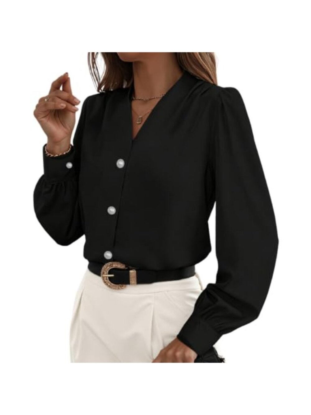 Long Sleeve Button Down Shirt for Women Pearl Cuff - Office Business Casual